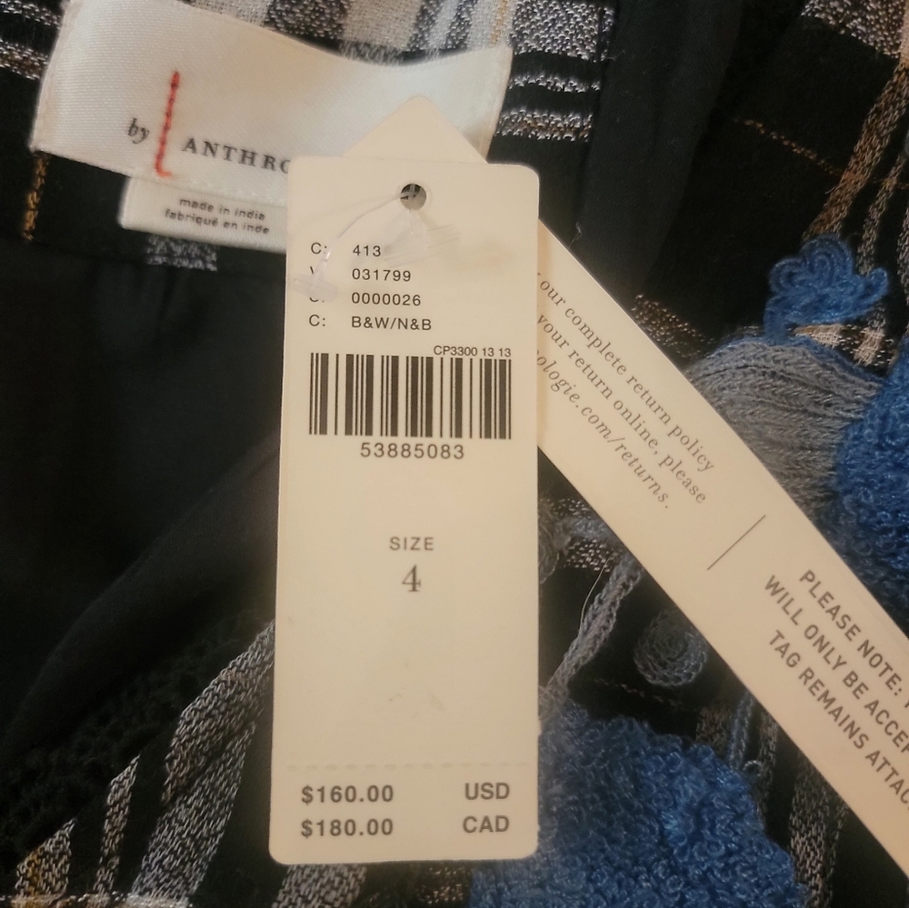 Anthropologie Black And White Plaid Dress With Blue Embroidery - Picture 9 of 11